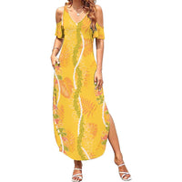 Hawaii Maile Lei Family Matching Summer Maxi Dress and Hawaiian Shirt With Yellow Monstera Pattern