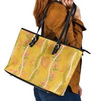 Hawaii Maile Lei Leather Tote Bag With Yellow Monstera Pattern