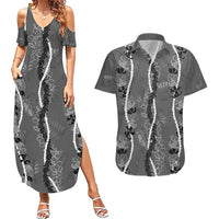Hawaii Maile Lei Couples Matching Summer Maxi Dress and Hawaiian Shirt With Gray Monstera Pattern