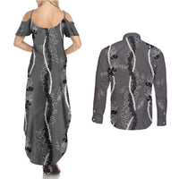 Hawaii Maile Lei Couples Matching Summer Maxi Dress and Long Sleeve Button Shirt With Gray Monstera Pattern