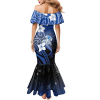 Polynesia Hammerhead Shark Family Matching Mermaid Dress and Hawaiian Shirt Blue Tribal Pattern With Plumeria - Polynesian Pride