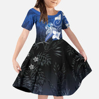 Polynesia Hammerhead Shark Family Matching Summer Maxi Dress and Hawaiian Shirt Blue Tribal Pattern With Plumeria LT05 Daughter's Dress Blue - Polynesian Pride