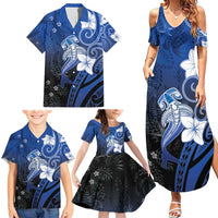 Polynesia Hammerhead Shark Family Matching Summer Maxi Dress and Hawaiian Shirt Blue Tribal Pattern With Plumeria LT05 - Polynesian Pride