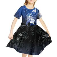 Polynesia Hammerhead Shark Kid Short Sleeve Dress Blue Tribal Pattern With Plumeria LT05 - Polynesian Pride