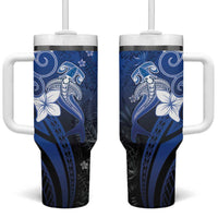 Polynesia Hammerhead Shark Tumbler With Handle Blue Tribal Pattern With Plumeria LT05 One Size: 40 oz Blue - Polynesian Pride