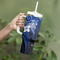 Polynesia Hammerhead Shark Tumbler With Handle Blue Tribal Pattern With Plumeria LT05 - Polynesian Pride