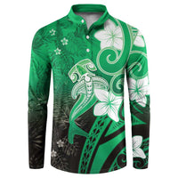 Polynesia Hammerhead Shark Button Sweatshirt Green Tribal Pattern With Plumeria LT05 Green - Polynesian Pride
