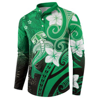 Polynesia Hammerhead Shark Button Sweatshirt Green Tribal Pattern With Plumeria LT05 - Polynesian Pride