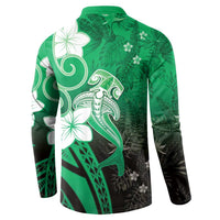 Polynesia Hammerhead Shark Button Sweatshirt Green Tribal Pattern With Plumeria LT05 - Polynesian Pride
