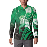 Polynesia Hammerhead Shark Button Sweatshirt Green Tribal Pattern With Plumeria LT05 - Polynesian Pride