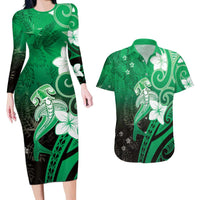 Polynesia Hammerhead Shark Couples Matching Long Sleeve Bodycon Dress and Hawaiian Shirt Green Tribal Pattern With Plumeria LT05 Green - Polynesian Pride