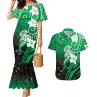 Polynesia Hammerhead Shark Couples Matching Mermaid Dress and Hawaiian Shirt Green Tribal Pattern With Plumeria LT05 Green - Polynesian Pride