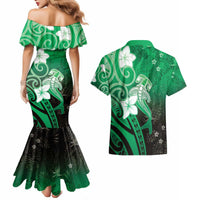 Polynesia Hammerhead Shark Couples Matching Mermaid Dress and Hawaiian Shirt Green Tribal Pattern With Plumeria LT05 - Polynesian Pride