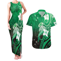 Polynesia Hammerhead Shark Couples Matching Tank Maxi Dress and Hawaiian Shirt Green Tribal Pattern With Plumeria - Polynesian Pride