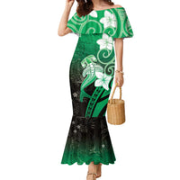 Polynesia Hammerhead Shark Family Matching Mermaid Dress and Hawaiian Shirt Green Tribal Pattern With Plumeria LT05 Mom's Dress Green - Polynesian Pride