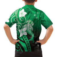 Polynesia Hammerhead Shark Kid Hawaiian Shirt Green Tribal Pattern With Plumeria - Polynesian Pride