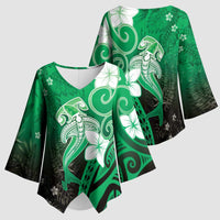 Polynesia Hammerhead Shark Kimono Sleeve Blouse Green Tribal Pattern With Plumeria - Polynesian Pride