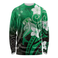 Polynesia Hammerhead Shark Long Sleeve Shirt Green Tribal Pattern With Plumeria - Polynesian Pride