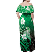 Polynesia Hammerhead Shark Off Shoulder Maxi Dress Green Tribal Pattern With Plumeria LT05 - Polynesian Pride