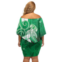 Polynesia Hammerhead Shark Off Shoulder Short Dress Green Tribal Pattern With Plumeria - Polynesian Pride