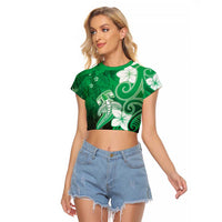 Polynesia Hammerhead Shark Raglan Cropped T Shirt Green Tribal Pattern With Plumeria LT05 Female Green - Polynesian Pride