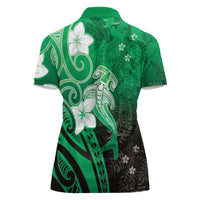 Polynesia Hammerhead Shark Women Polo Shirt Green Tribal Pattern With Plumeria - Polynesian Pride