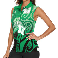 Polynesia Hammerhead Shark Women Sleeveless Polo Shirt Green Tribal Pattern With Plumeria - Polynesian Pride