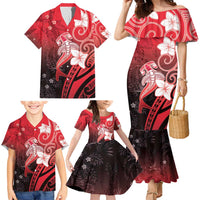 Polynesia Hammerhead Shark Family Matching Mermaid Dress and Hawaiian Shirt Red Tribal Pattern With Plumeria - Polynesian Pride