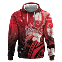 Polynesia Hammerhead Shark Hoodie Red Tribal Pattern With Plumeria - Polynesian Pride