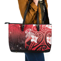 Polynesia Hammerhead Shark Leather Tote Bag Red Tribal Pattern With Plumeria LT05 - Polynesian Pride