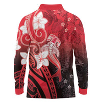 Polynesia Hammerhead Shark Long Sleeve Polo Shirt Red Tribal Pattern With Plumeria - Polynesian Pride