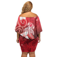 Polynesia Hammerhead Shark Off Shoulder Short Dress Red Tribal Pattern With Plumeria - Polynesian Pride
