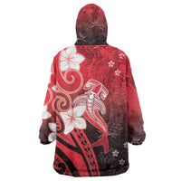 Polynesia Hammerhead Shark Wearable Blanket Hoodie Red Tribal Pattern With Plumeria - Polynesian Pride