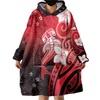 Polynesia Hammerhead Shark Wearable Blanket Hoodie Red Tribal Pattern With Plumeria - Polynesian Pride
