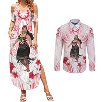 New Zealand Women's Day Couples Matching Summer Maxi Dress and Long Sleeve Button Shirt Maori Wahine Polynesian Pattern LT05 White - Polynesian Pride