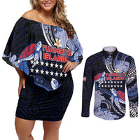 Tuamotu Islands Couples Matching Off Shoulder Short Dress and Long Sleeve Button Shirt Polynesian Pattern With Turtle