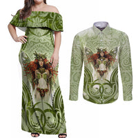 New Zealand Maori Fairy Patupaiarehe Couples Matching Off Shoulder Maxi Dress and Long Sleeve Button Shirt Polynesian Style LT05 Red - Polynesian Pride
