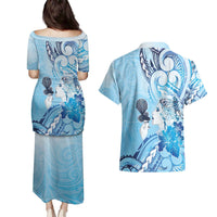 Aotearoa Maori Wahine Couples Matching Puletasi and Hawaiian Shirt Fantail Bird Blue Gold Marble