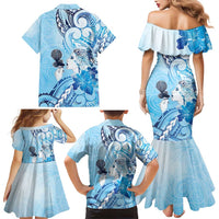 Aotearoa Maori Wahine Family Matching Mermaid Dress and Hawaiian Shirt Fantail Bird Blue Gold Marble