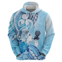 Aotearoa Maori Wahine Hoodie Fantail Bird Blue Gold Marble