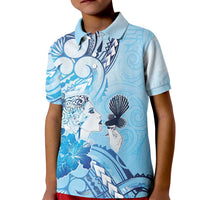 Aotearoa Maori Wahine Kid Polo Shirt Fantail Bird Blue Gold Marble