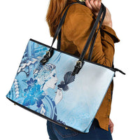 Aotearoa Maori Wahine Leather Tote Bag Fantail Bird Blue Gold Marble