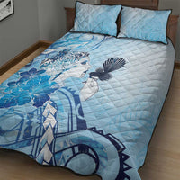 Aotearoa Maori Wahine Quilt Bed Set Fantail Bird Blue Gold Marble