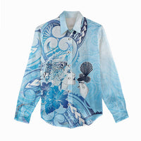 Aotearoa Maori Wahine Women Casual Shirt Fantail Bird Blue Gold Marble