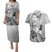 Aotearoa Maori Wahine Couples Matching Puletasi and Hawaiian Shirt Fantail Bird Black Gold Marble