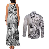 Aotearoa Maori Wahine Couples Matching Tank Maxi Dress and Long Sleeve Button Shirt Fantail Bird Black Gold Marble LT05 - Polynesian Pride