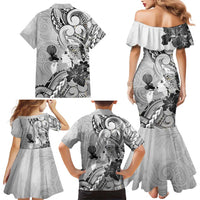 Aotearoa Maori Wahine Family Matching Mermaid Dress and Hawaiian Shirt Fantail Bird Black Gold Marble
