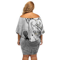 Aotearoa Maori Wahine Family Matching Off Shoulder Short Dress and Hawaiian Shirt Fantail Bird Black Gold Marble