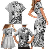 Aotearoa Maori Wahine Family Matching Short Sleeve Bodycon Dress and Hawaiian Shirt Fantail Bird Black Gold Marble