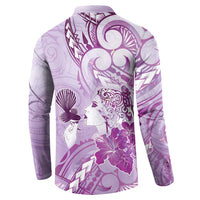 Aotearoa Maori Wahine Button Sweatshirt Fantail Bird Purple Gold Marble